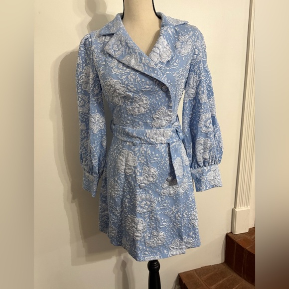 Simplee Blue Floral Belted waist Bishop Sleeve Dress Size SMALL NWOT - Picture 3 of 9